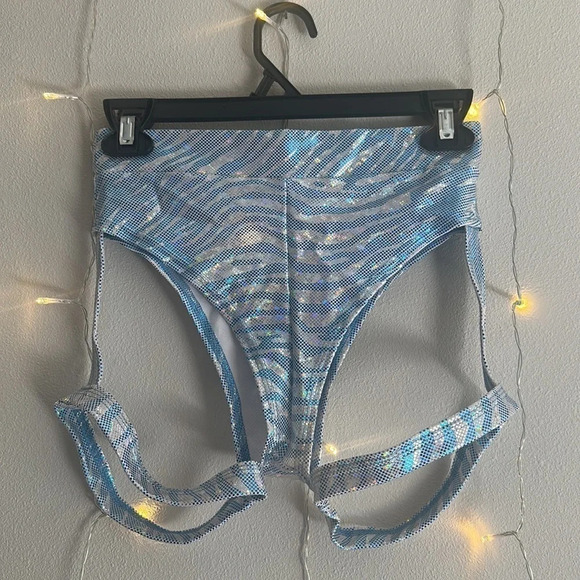 Blue Holographic Tiger Print Rave Bottom w Built-in Garters 💙🐯​​​​​​​ - Picture 2 of 5